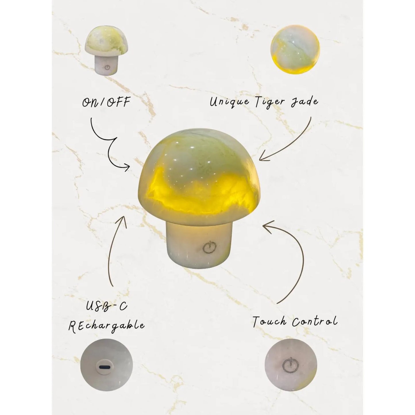 Green Onyx Mushroom Lamp – Natural Stone Night Light | Luxury Bedside Ambient Lamp Decor