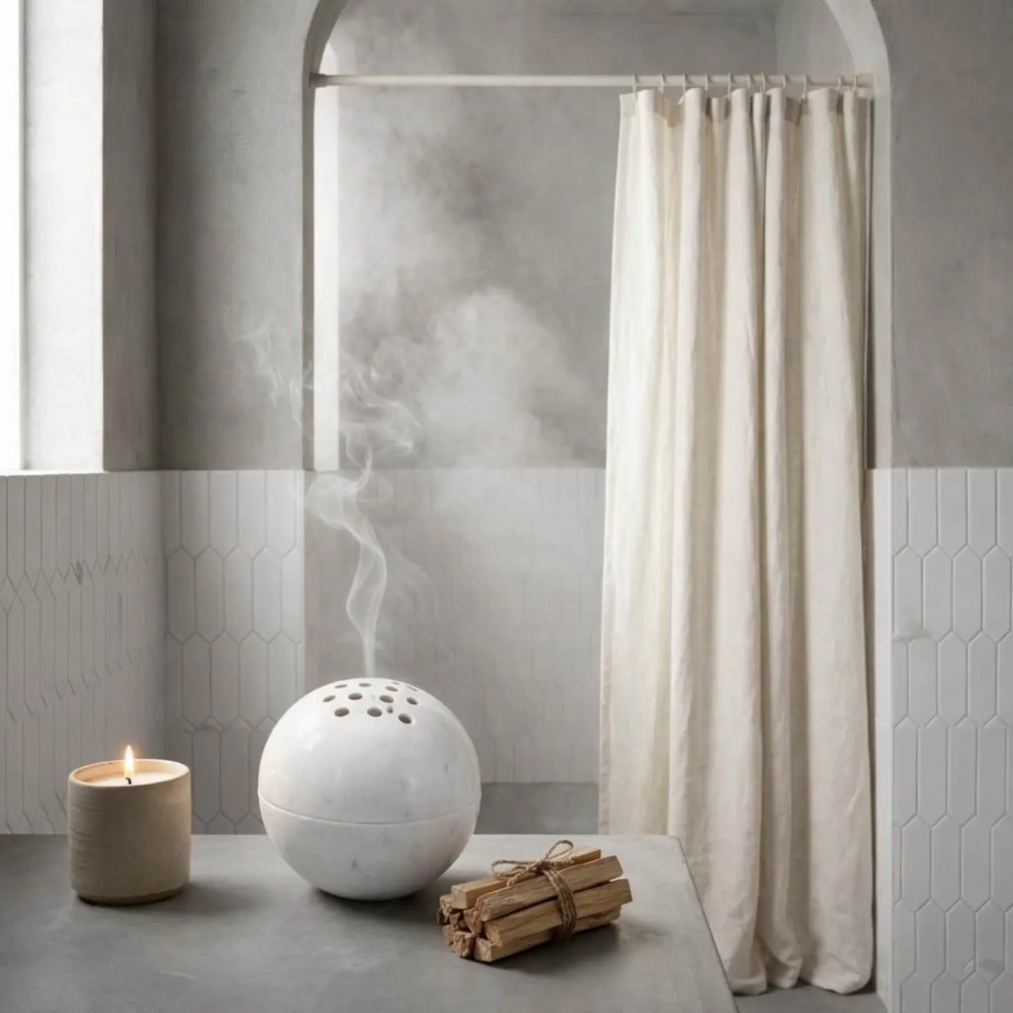 Carrara white marble sphere incense burner with natural veining and incense burning with smoke coming out