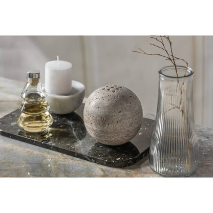 Grey travertine sphere incense burner handcrafted from natural stone, modern minimalist incense holder for home decor and aromatherapy decorative on desk