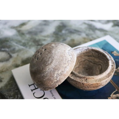 Grey travertine sphere incense burner handcrafted from natural stone, modern minimalist incense holder for home decor and aromatherapy opened