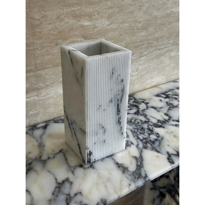 Lilac marble vase with ribbed texture modern decor close