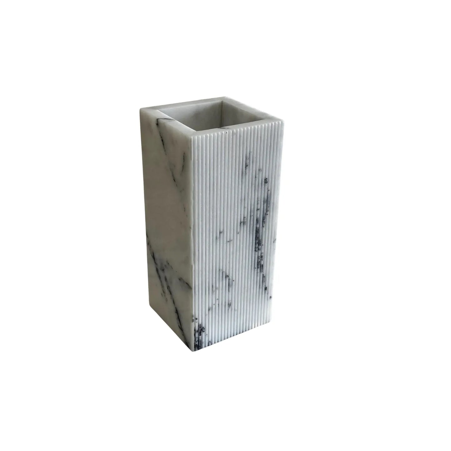 Lilac marble vase with ribbed texture modern decor on white background