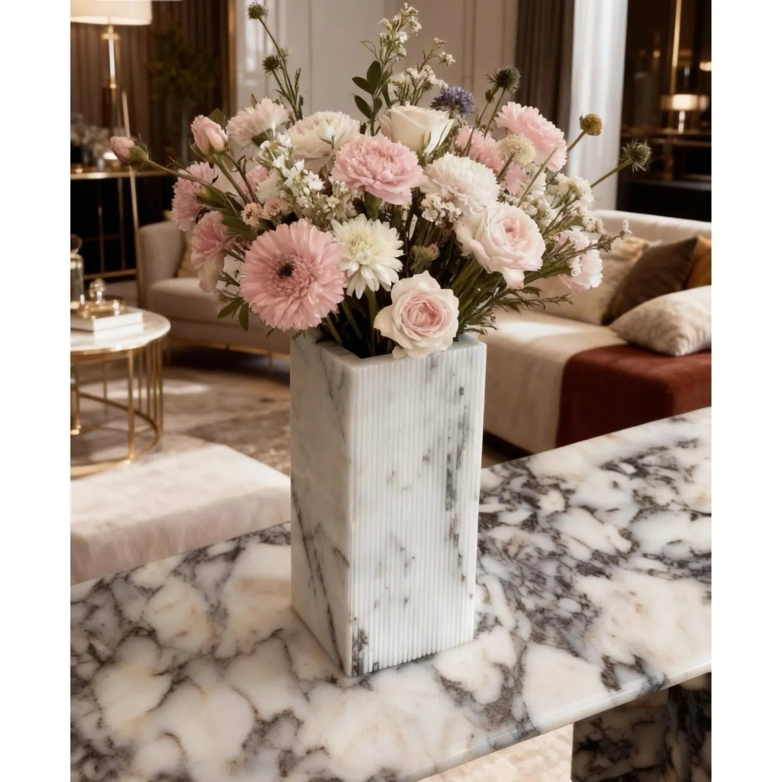 Lilac marble vase with ribbed texture modern decor with flowers and in decorated room