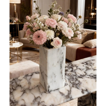 Lilac marble vase with ribbed texture modern decor with flowers and in decorated room