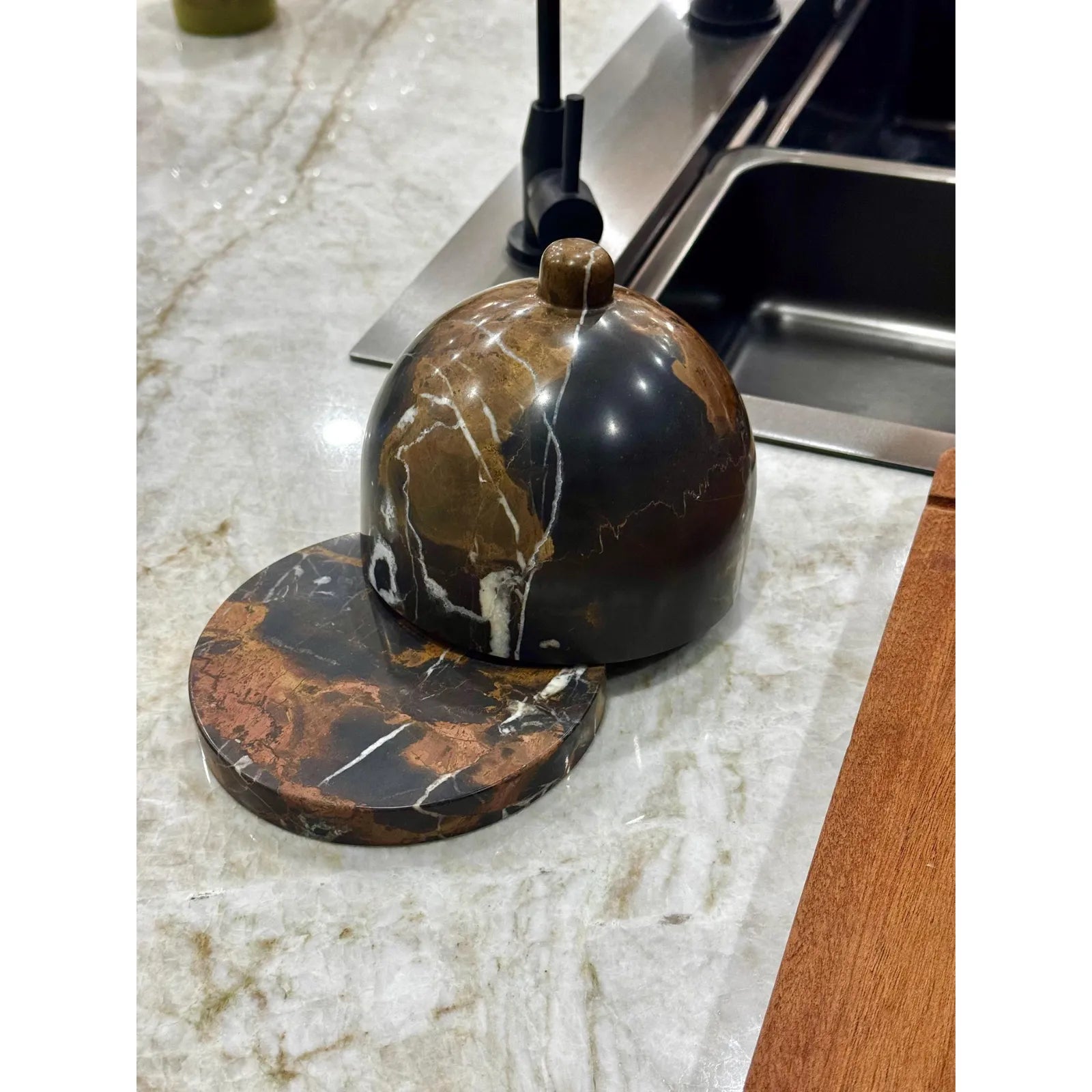 Marble butter dish with lid on kitchen top