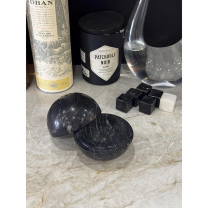 Titanium black marble sphere incense burner with natural stone texture seperate to top and bottom