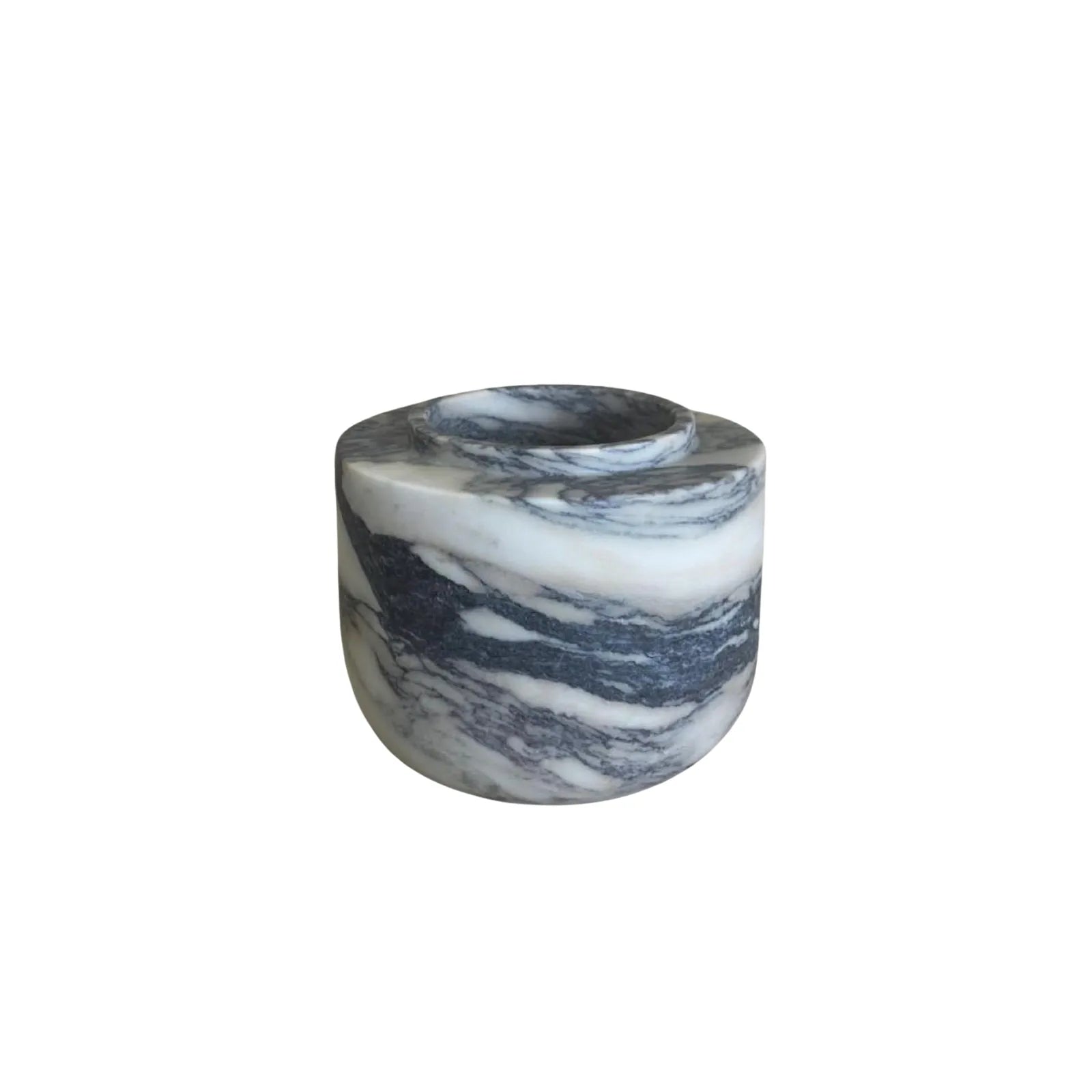 Viola Calacatta marble vase with purple veining on white background