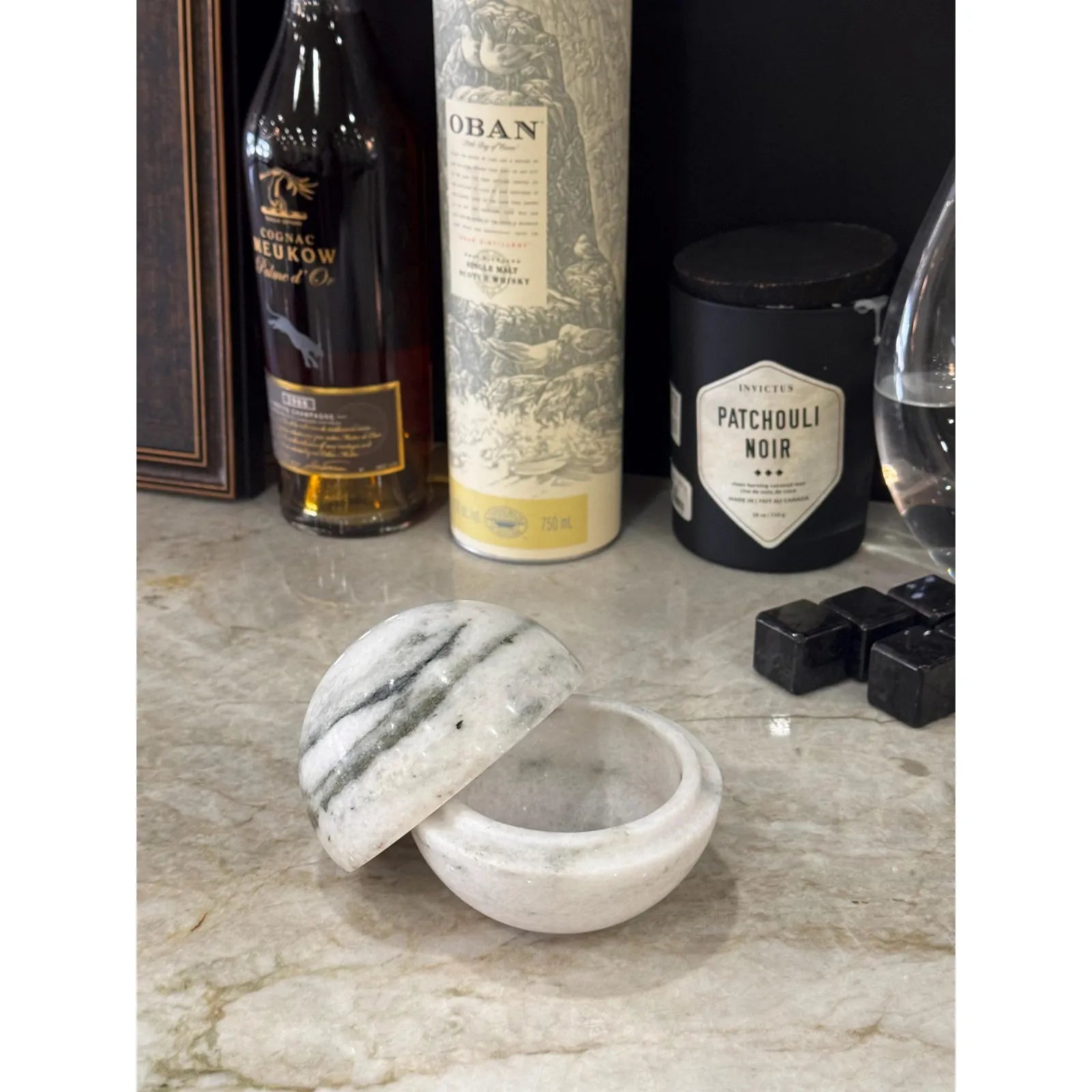 Wonderland white marble sphere incense burner with natural stone texture seperated to top and bottom part