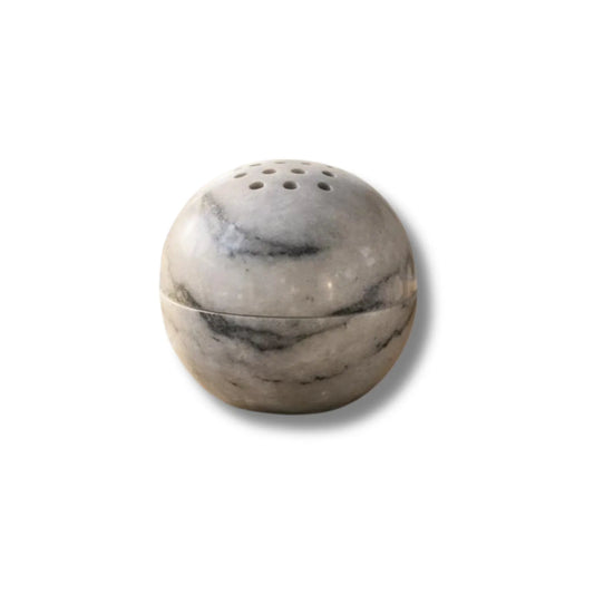 Wonderland white marble sphere incense burner with natural stone texture white background