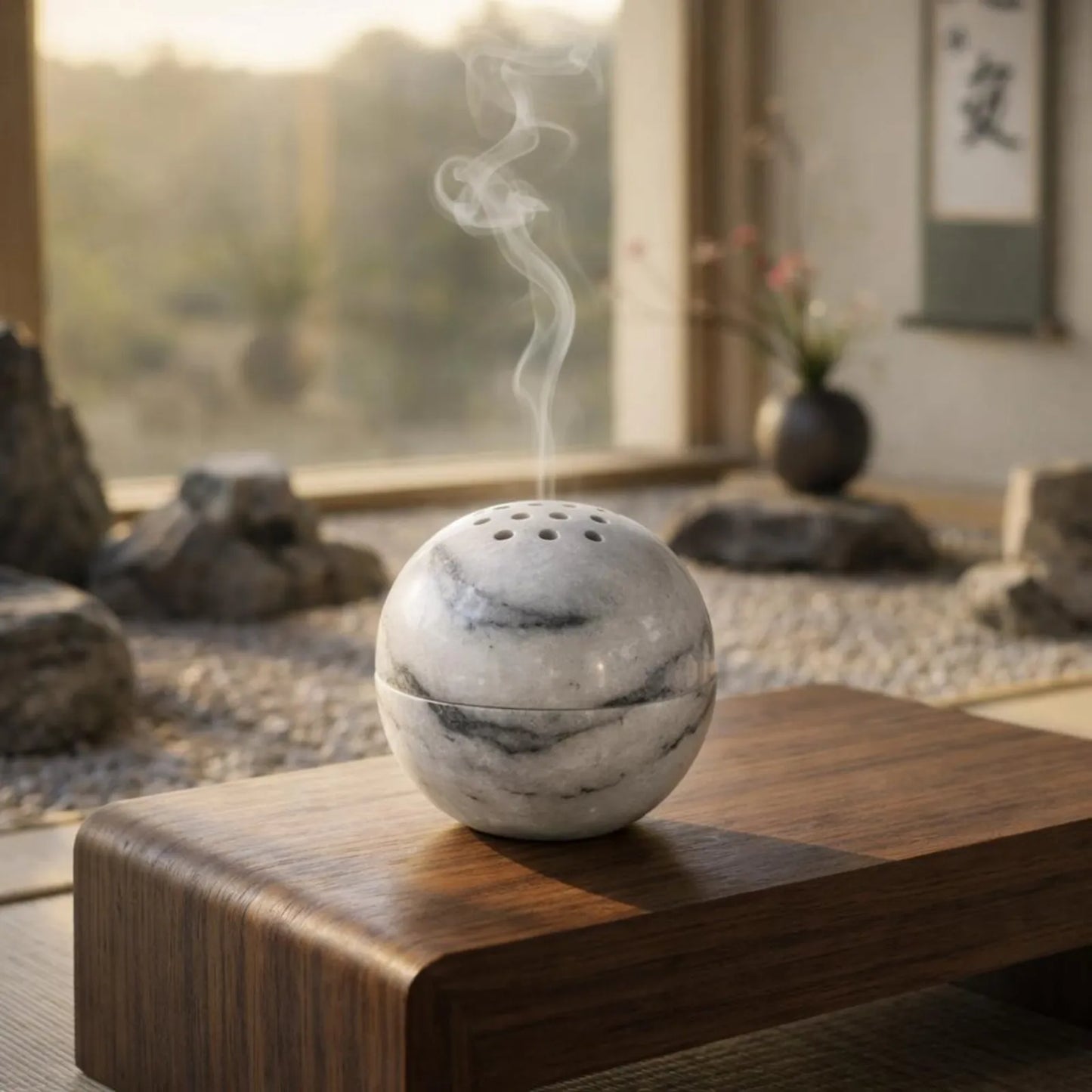 Wonderland white marble sphere incense burner with natural stone texture whith incense burning and smoke coming out
