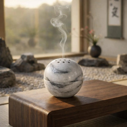 Wonderland white marble sphere incense burner with natural stone texture whith incense burning and smoke coming out