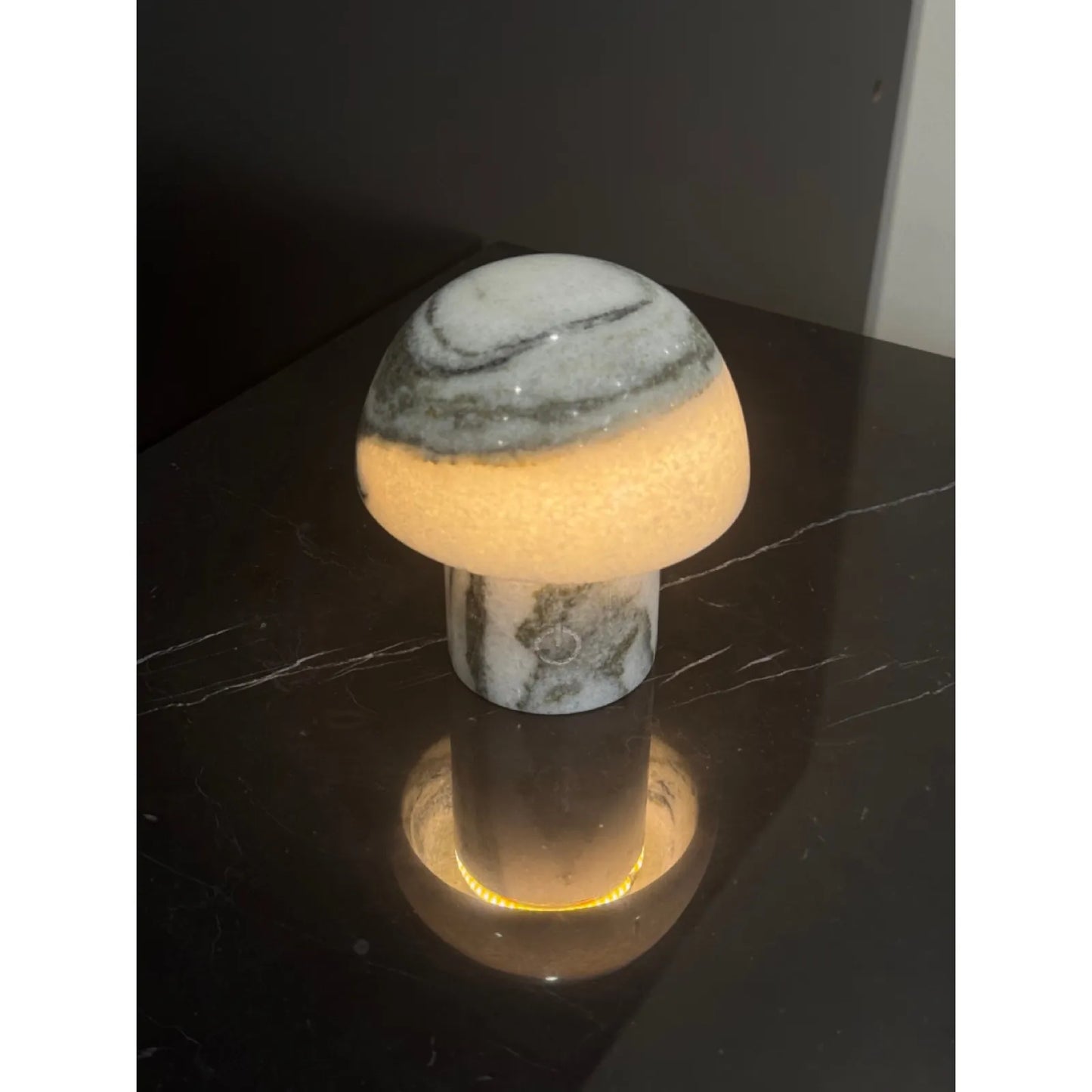 handmade natural stone mushroom lamp close up white
