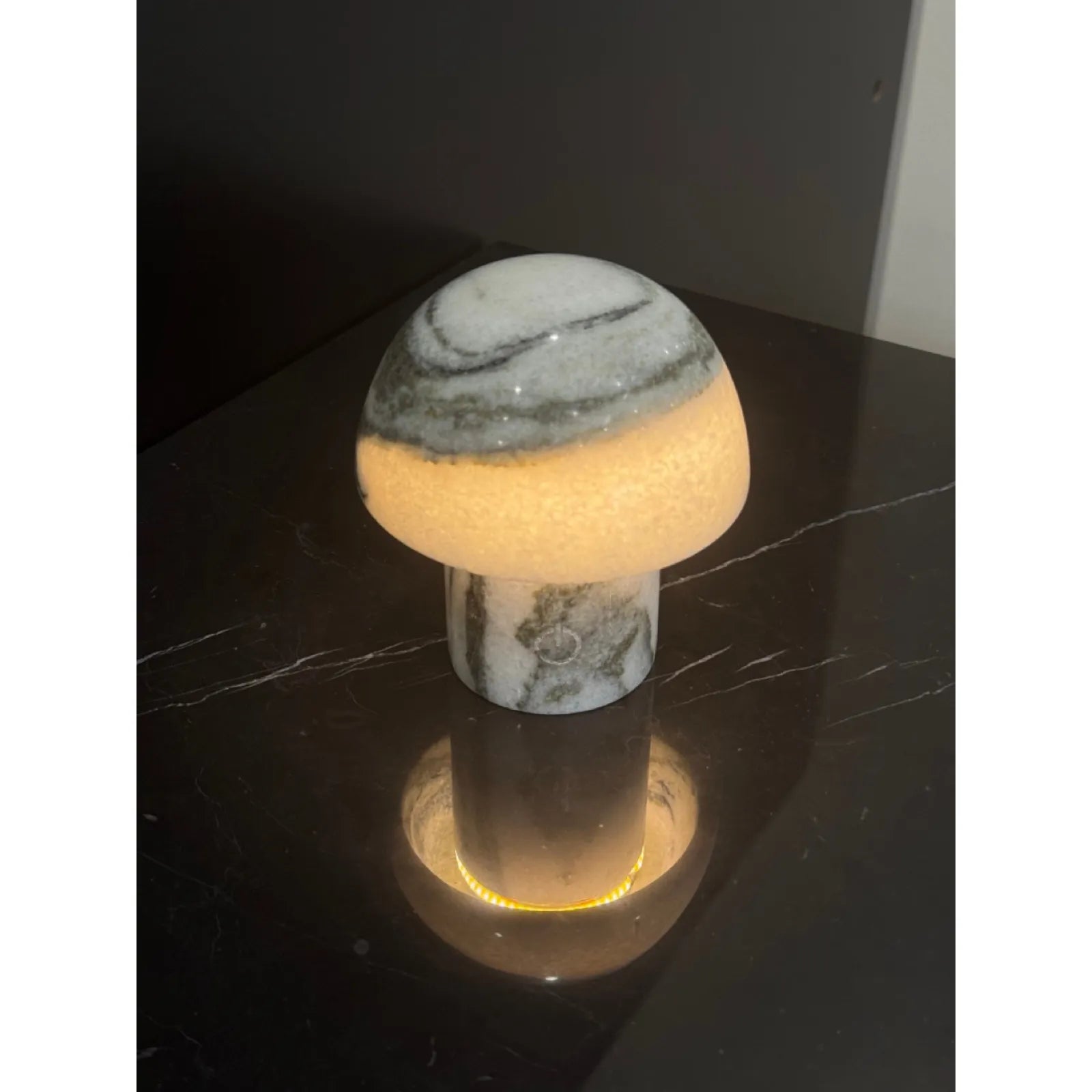 handmade natural stone mushroom lamp close up white