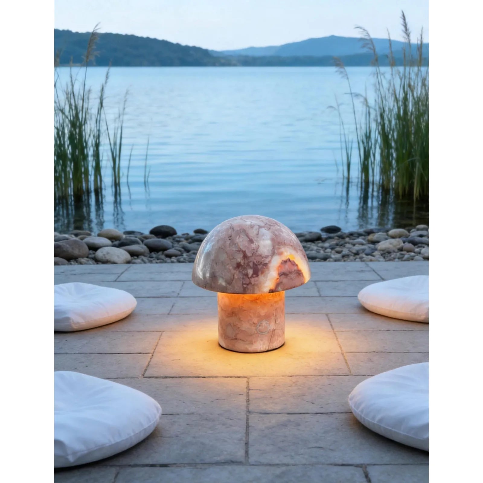 red dragon onyx mushroom night light leo zodiac glowing beside lake