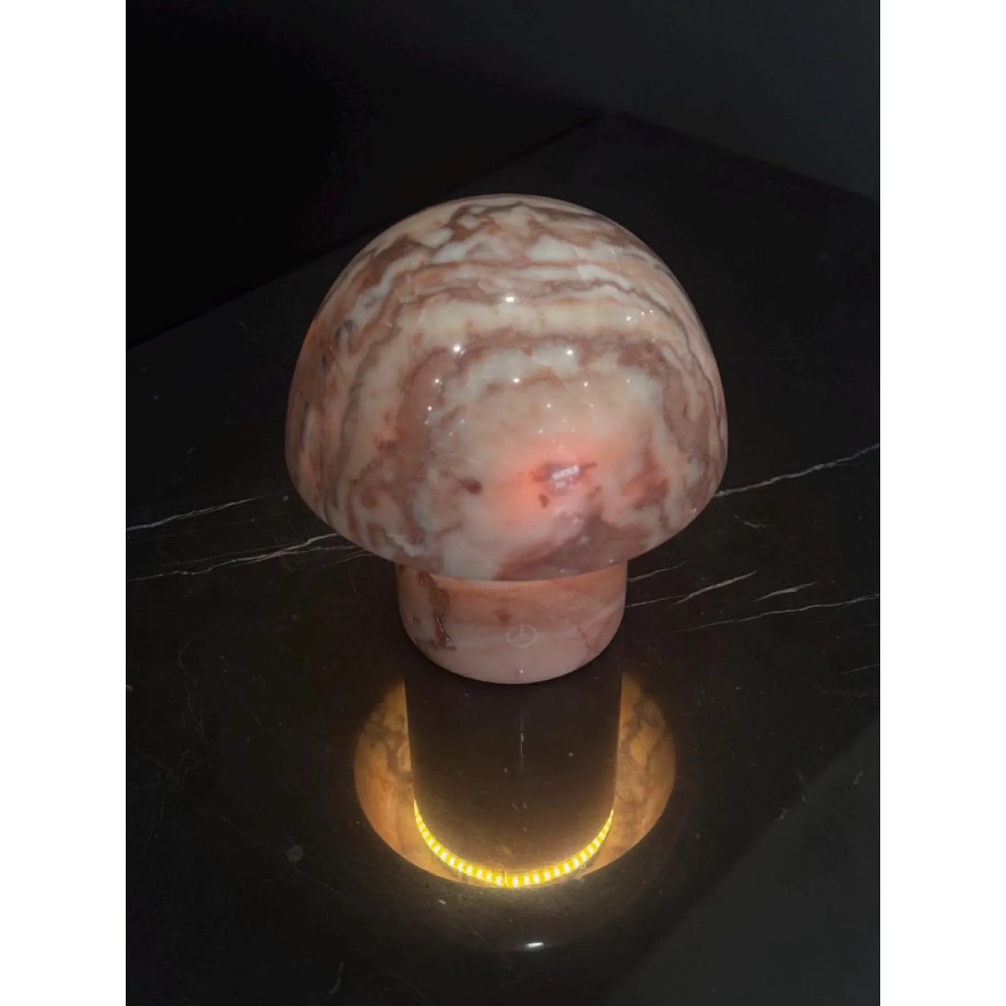 red dragon onyx mushroom night light leo zodiac glowing on black natrual stone desk